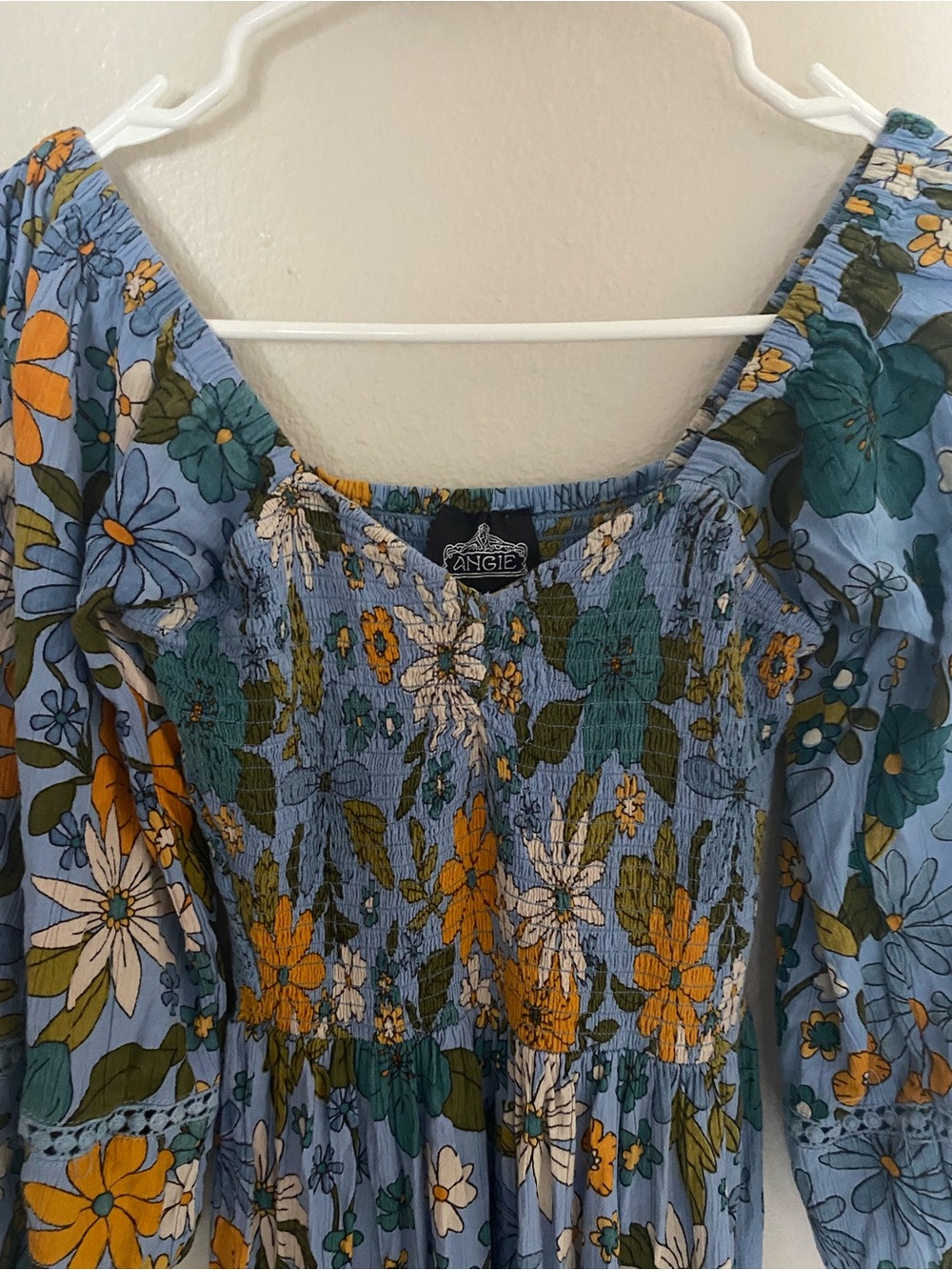 Angie Floral Smocked Floral Midi Dress tiered crochet trim puff sleeve Small - Picture 4 of 7